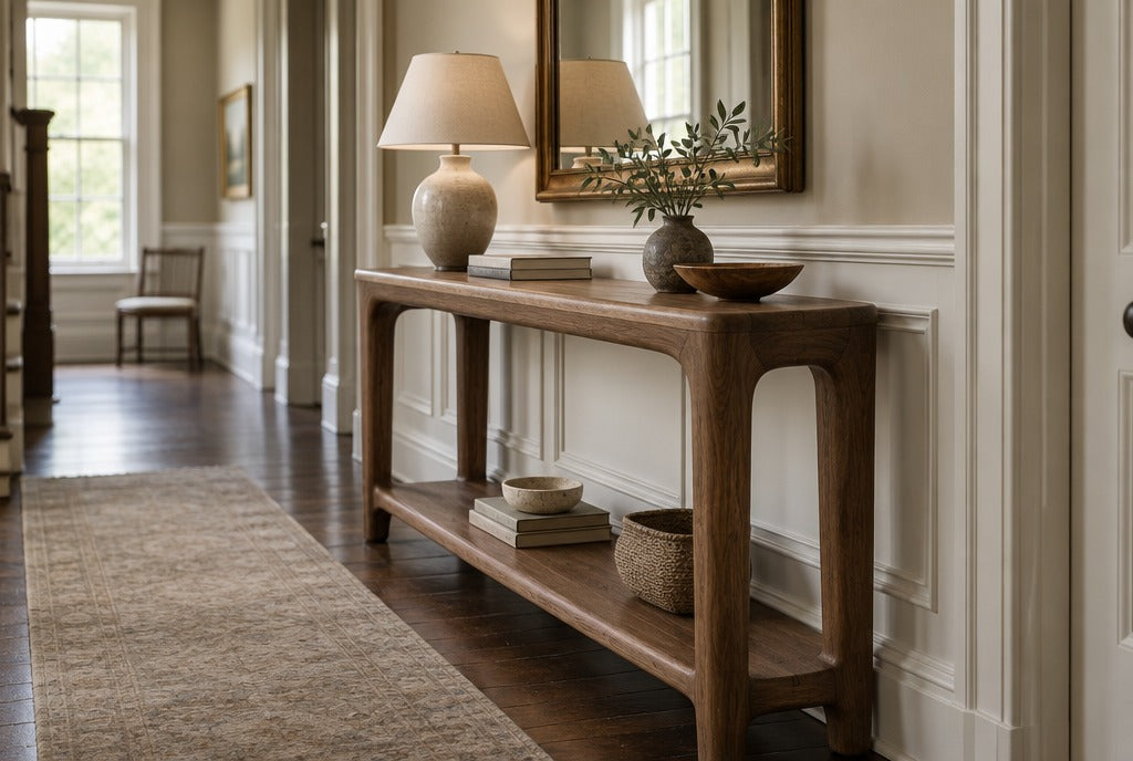 A sculpted solid wood console table with a lower shelf in a narrow historic hallway with wainscoting, a lamp and a mirror