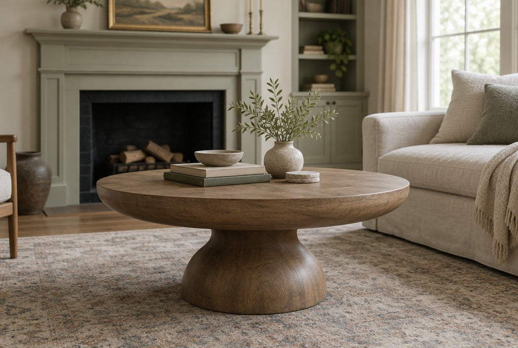 A sculpted round solid wood coffee table with a pedestal base on a faded rug in front of a painted mantel and a linen sofa