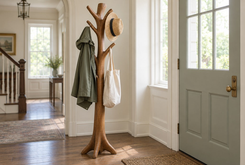 A sculpted solid wood tree coat rack holding a rain jacket, a straw hat and a tote beside a front door in a bright historic entry hall