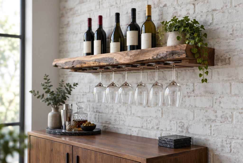 A live-edge solid wood floating wine shelf with bottles and hanging stemware on a whitewashed brick wall above a small bar cabinet