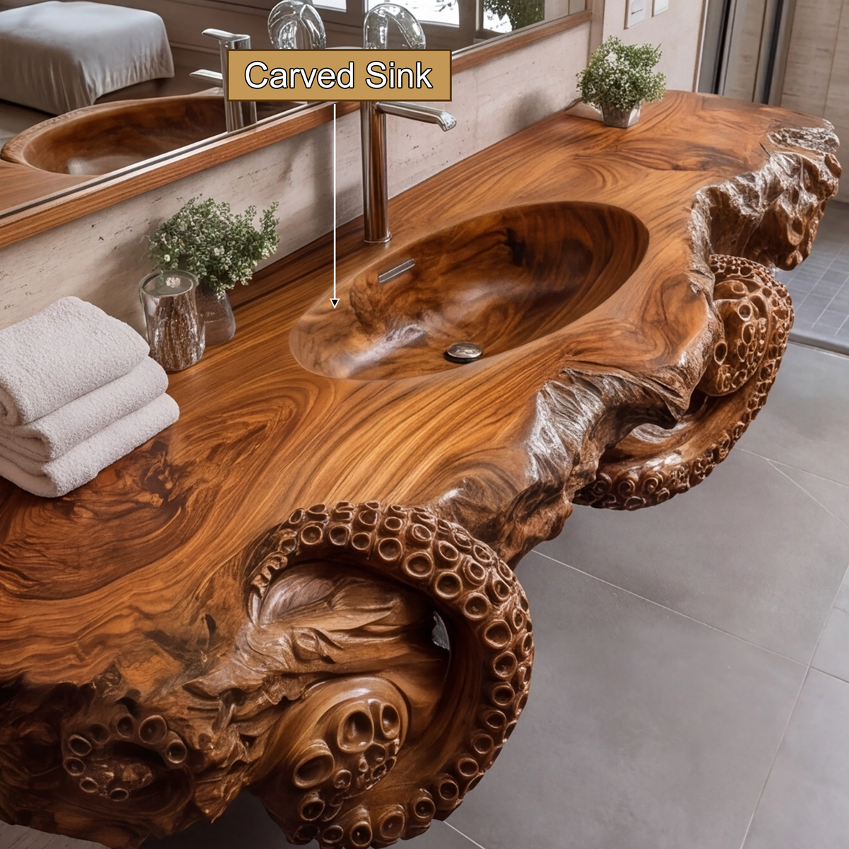 Velmora Octopus Form Sculpted Solid Wood Floating Bathroom Vanity With Integrated Sink